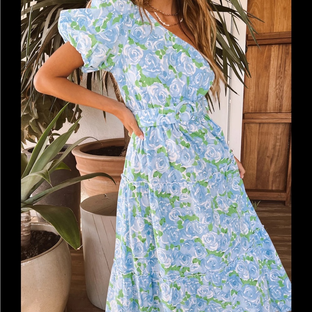 Blue floral show me your mumu dress, maxi length, one shoulder, with belt
